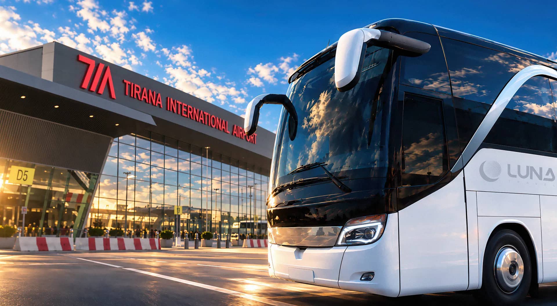 Autobusi i Luna Travel para terminalit të Aeroportit Ndërkombëtar të Tiranës